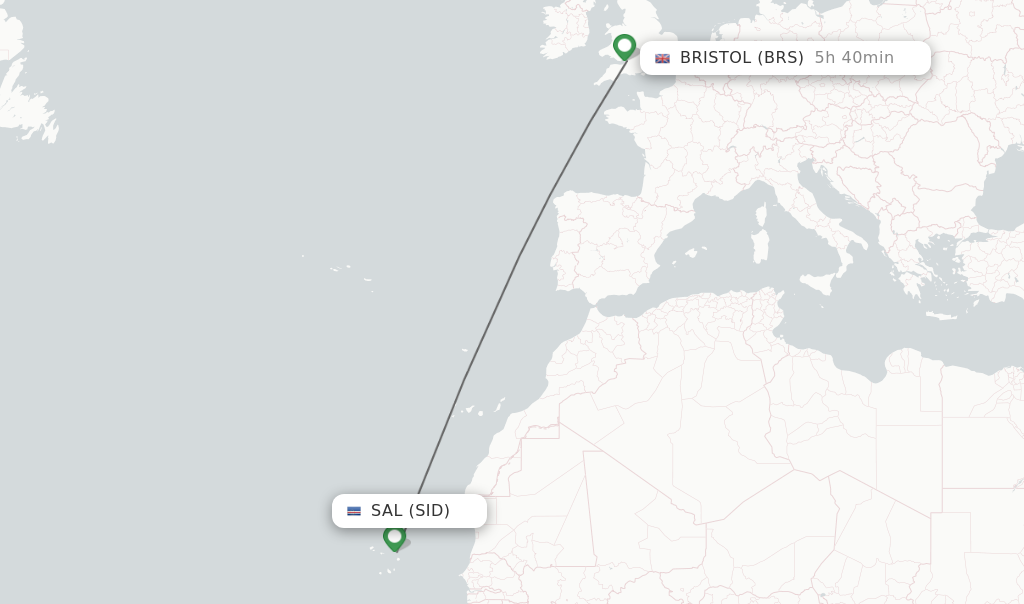 Flights from Sal to Bristol route map