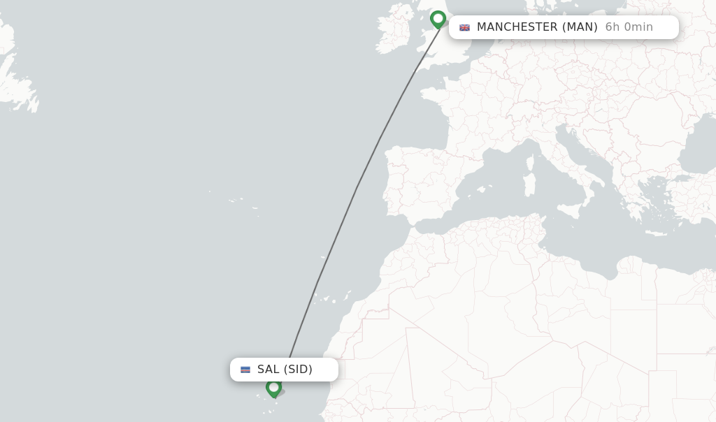 Flights from Sal to Manchester route map