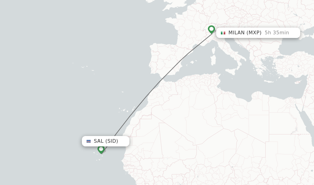 Flights from Sal to Milan route map