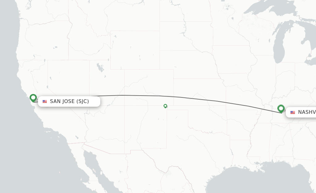 Flights from San Jose to Nashville route map