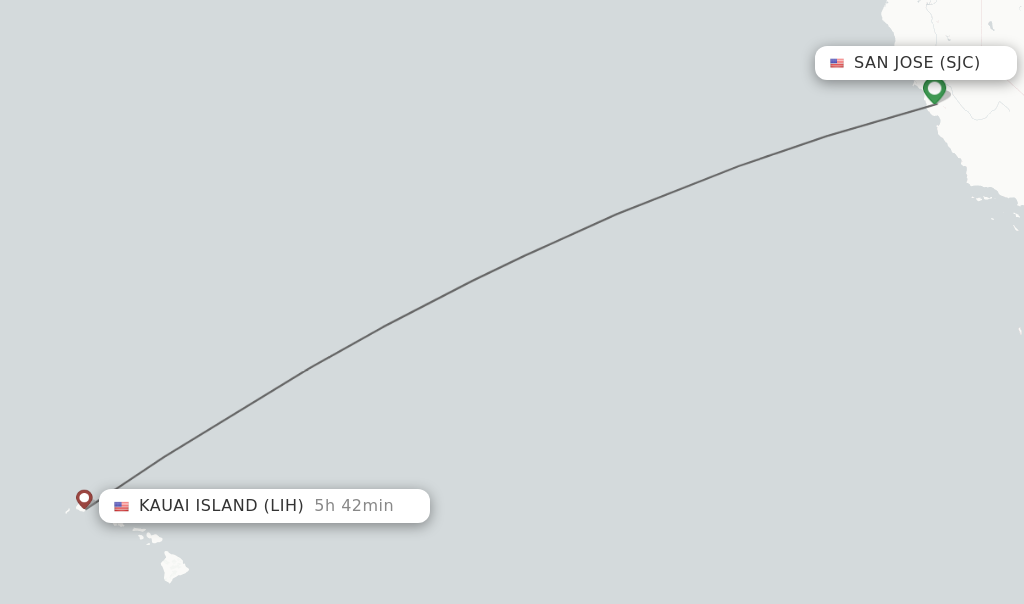 Flights from San Jose to Kauai Island route map
