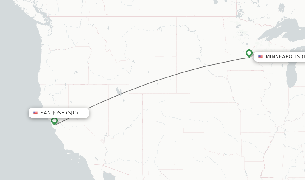 Flights from San Jose to Minneapolis route map