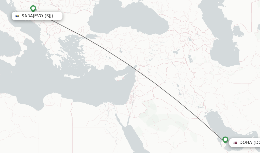 Flights from Sarajevo to Doha route map