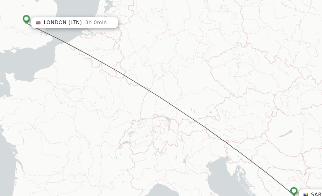 Flights from Sarajevo to London route map
