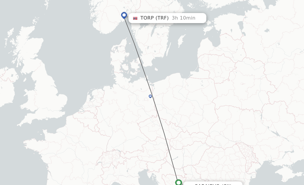 Flights from Sarajevo to Sandefjord route map