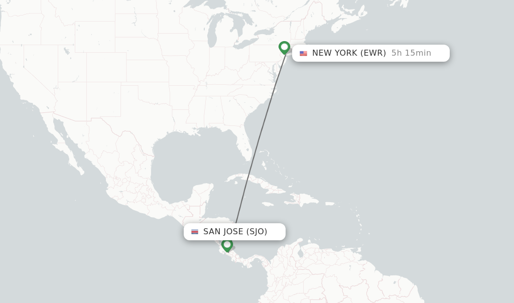 Flights from San Jose to New York route map