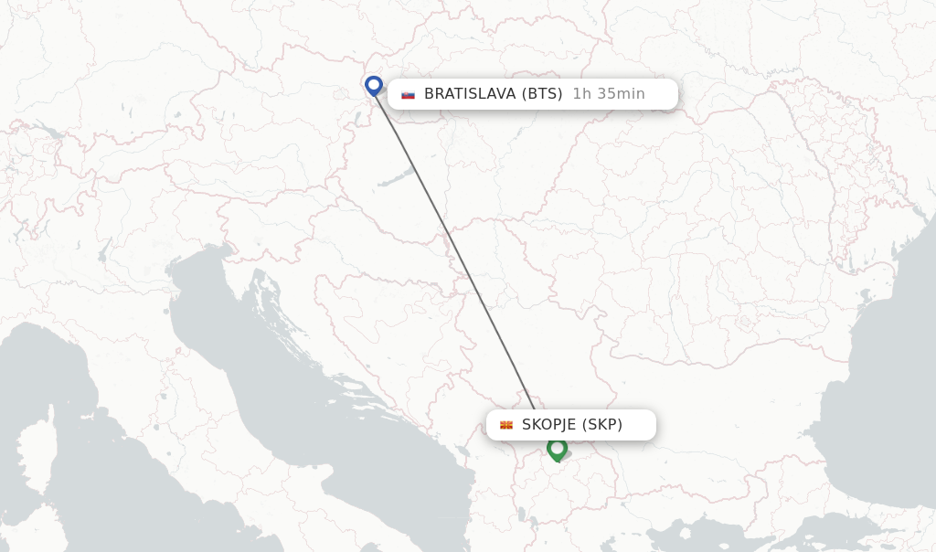 Flights from Skopje to Bratislava route map