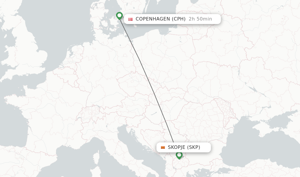 Flights from Skopje to Copenhagen route map
