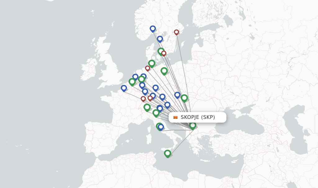 Route map with flights from Skopje with Wizz Air