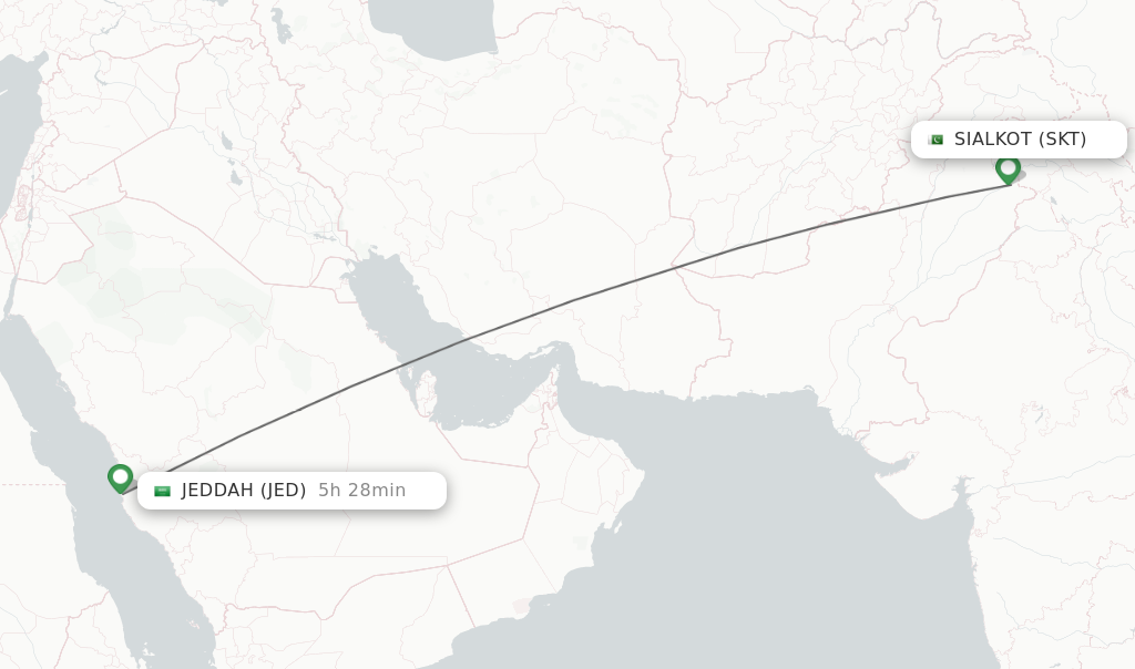 Flights from Sialkot to Jeddah route map