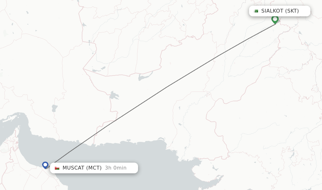 Flights from Sialkot to Muscat route map