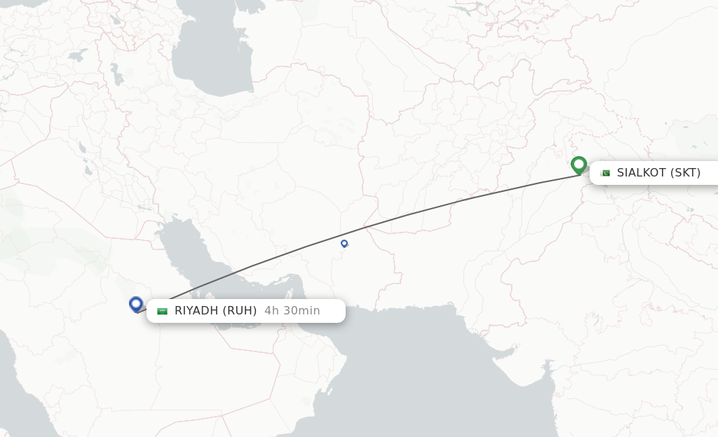 Flights from Sialkot to Riyadh route map