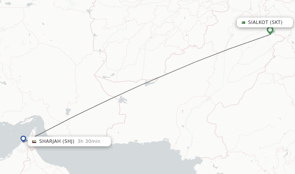 Flights from Sialkot to Sharjah route map