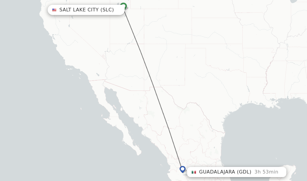 Flights from Salt Lake City to Guadalajara route map