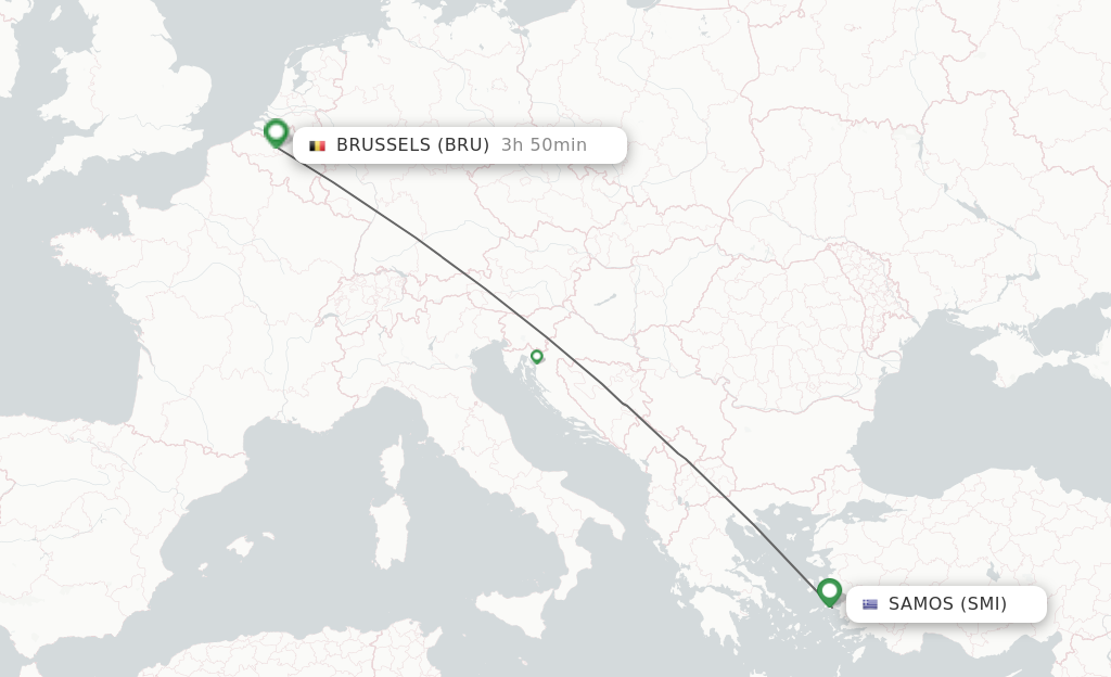 Flights from Samos to Brussels route map