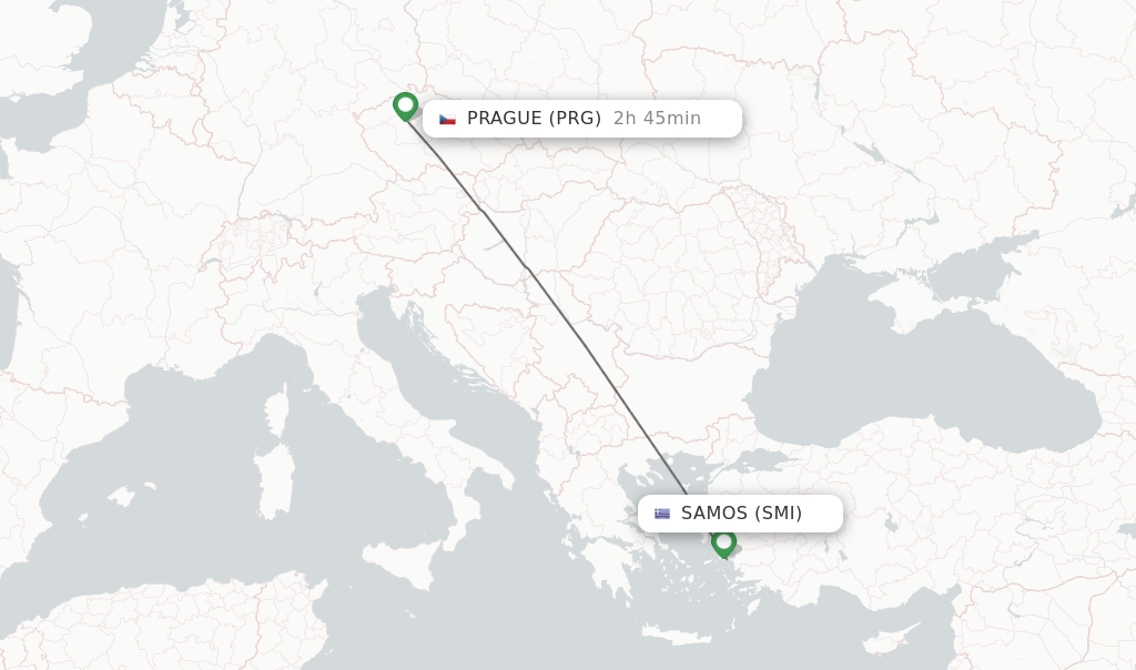Flights from Samos to Prague route map