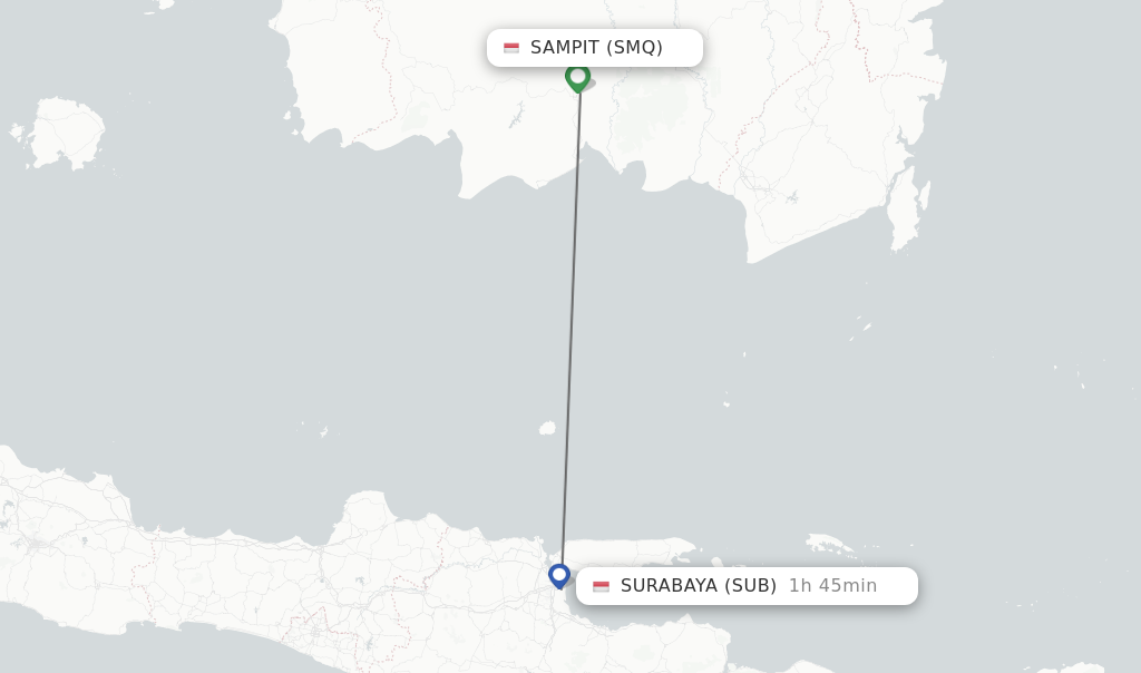 Flights from Sampit to Surabaya route map