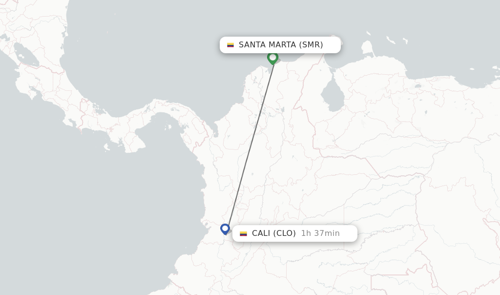 Flights from Santa Marta to Cali route map