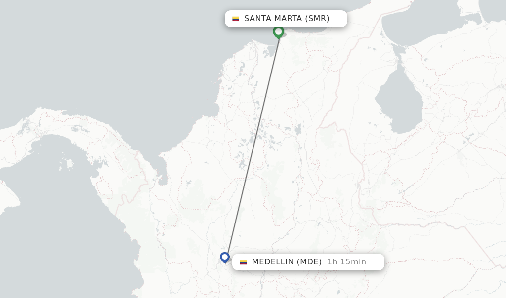 Flights from Santa Marta to Medellin route map