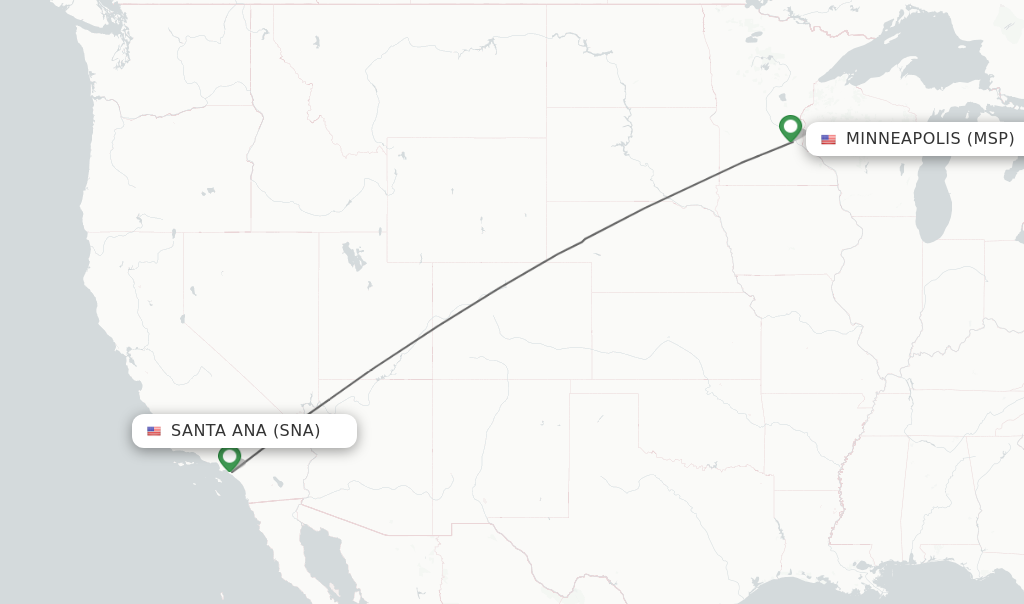 Flights from Santa Ana to Minneapolis route map