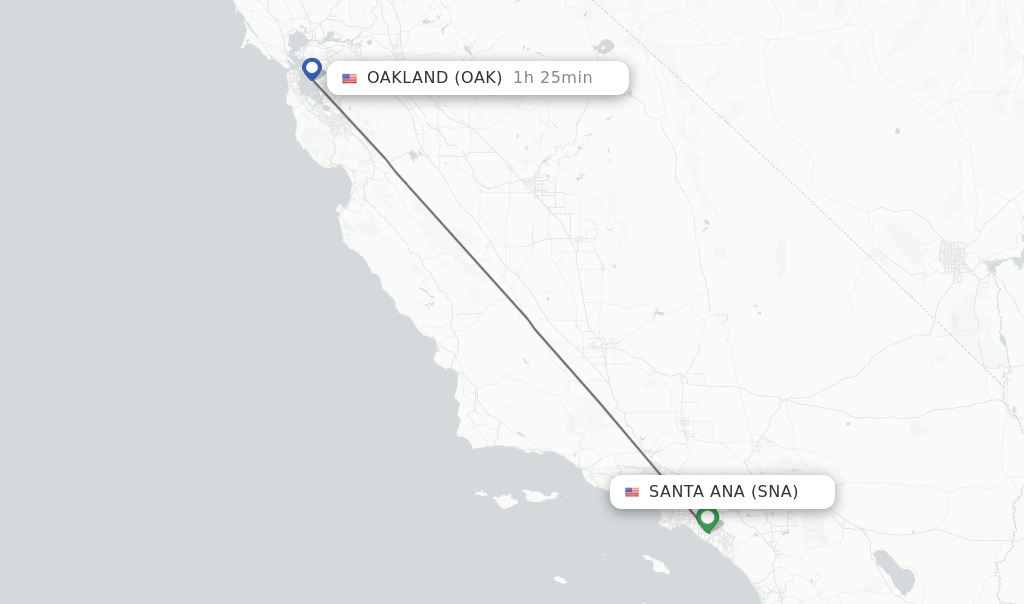Flights from Santa Ana to Oakland route map