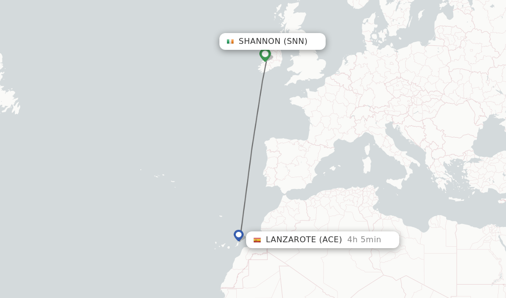 Flights from Shannon to Lanzarote route map