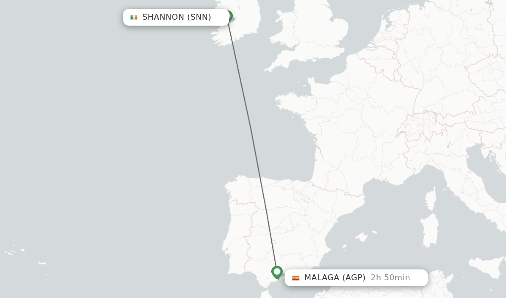 Flights from Shannon to Malaga route map
