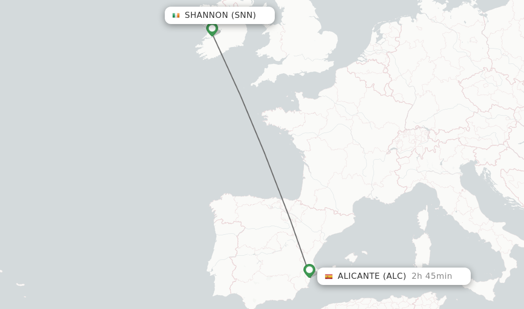 Flights from Shannon to Alicante route map