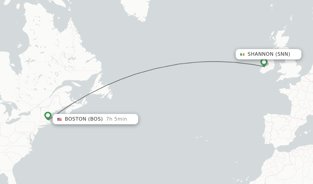 Flights from Shannon to Boston route map
