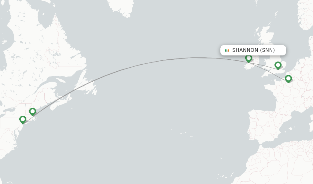 Route map with flights from Shannon with Aer Lingus