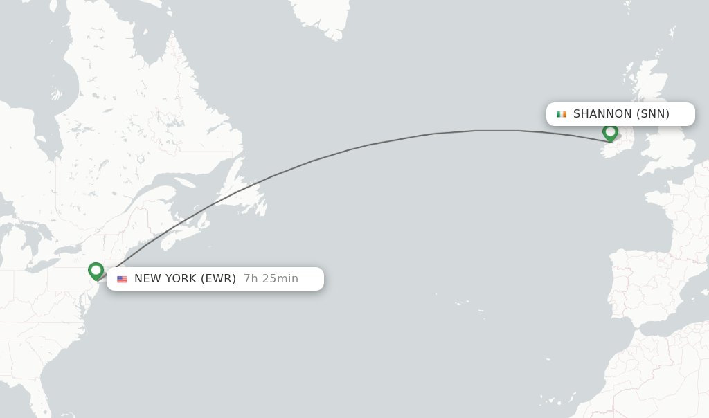 Flights from Shannon to New York route map