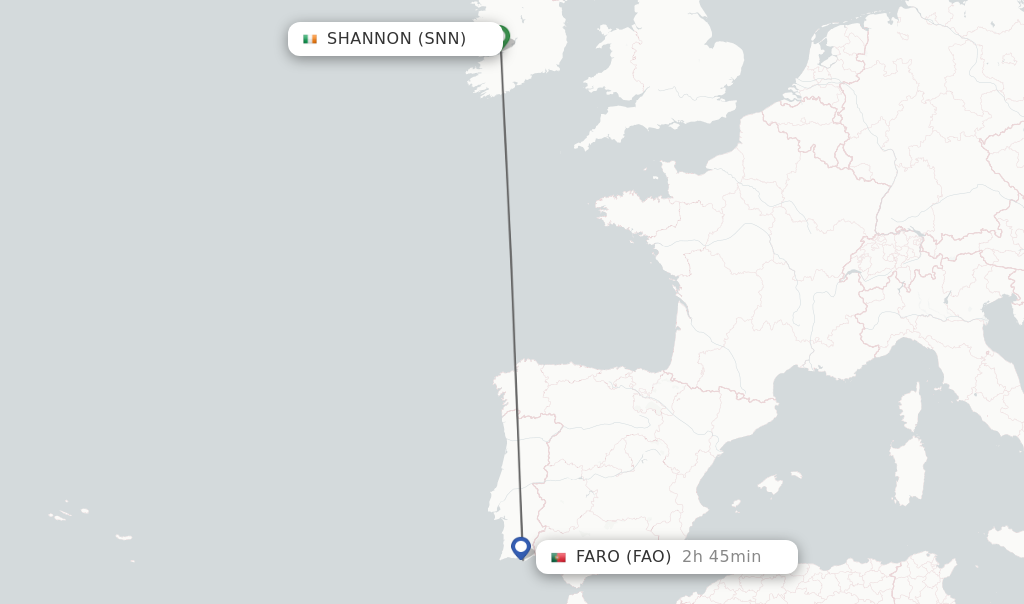 Flights from Shannon to Faro route map