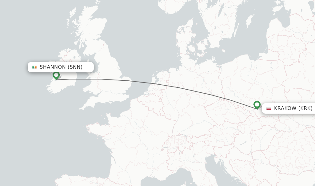 Flights from Shannon to Krakow route map