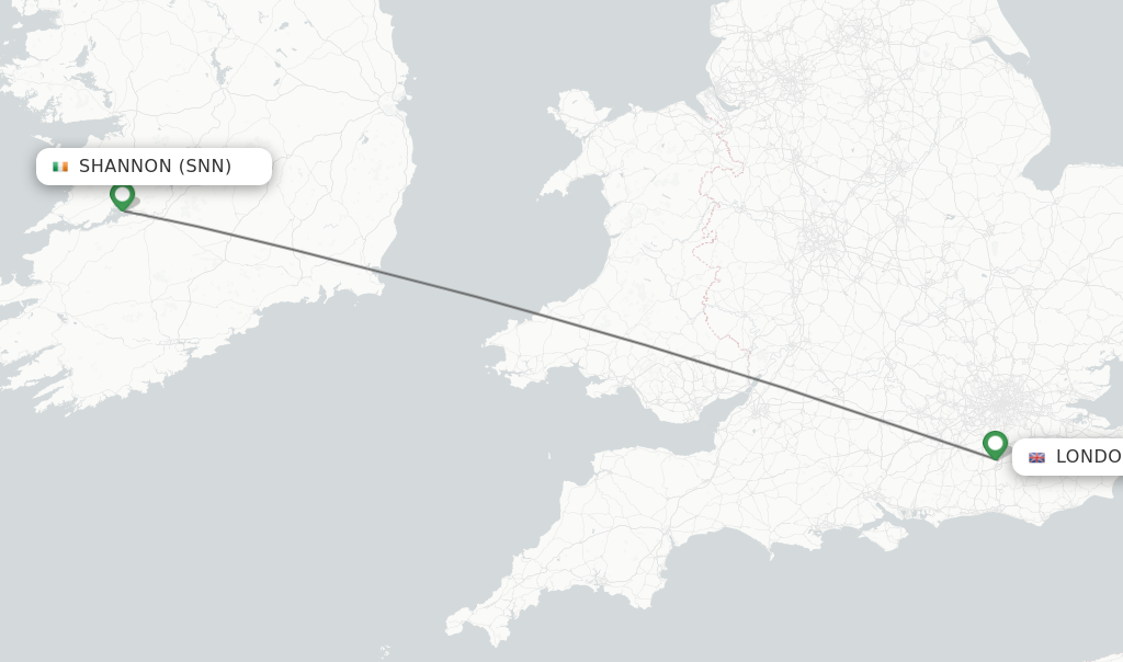 Flights from Shannon to London route map