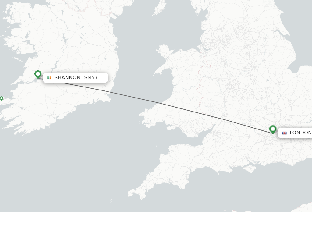 Flights from Shannon to London route map