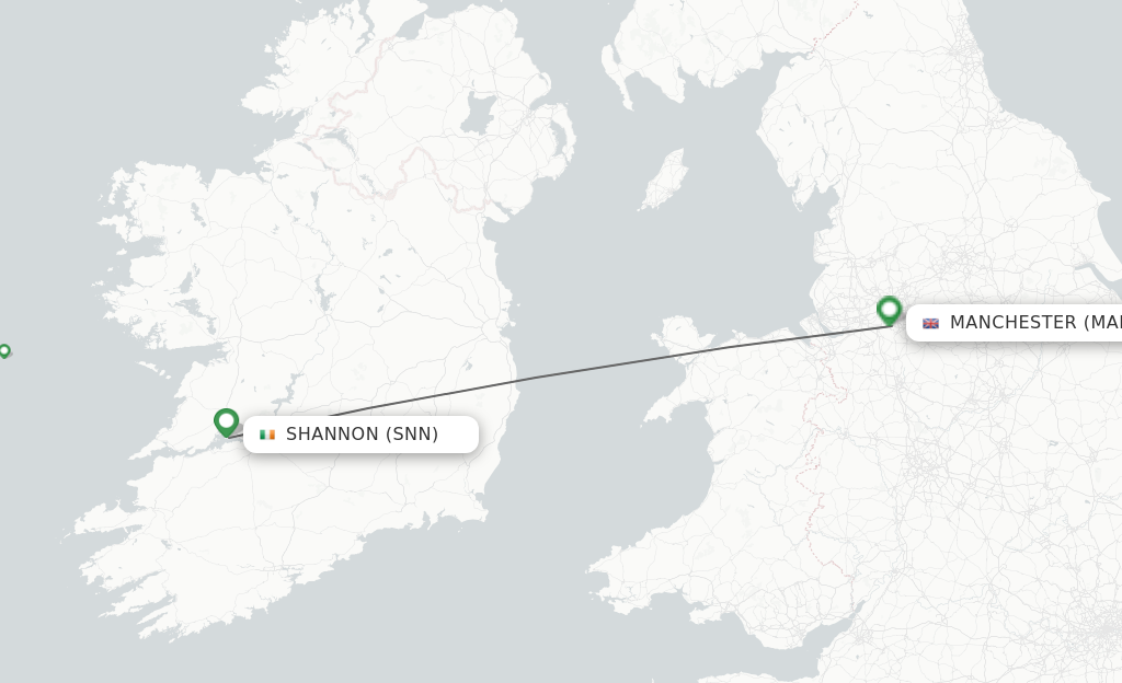 Flights from Shannon to Manchester route map