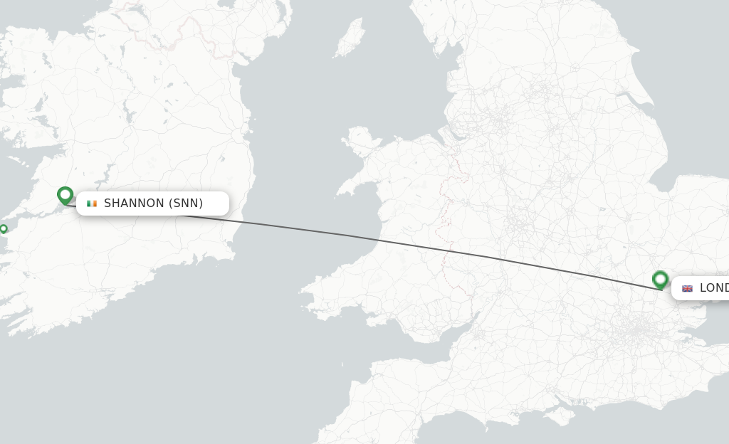 Flights from Shannon to London route map