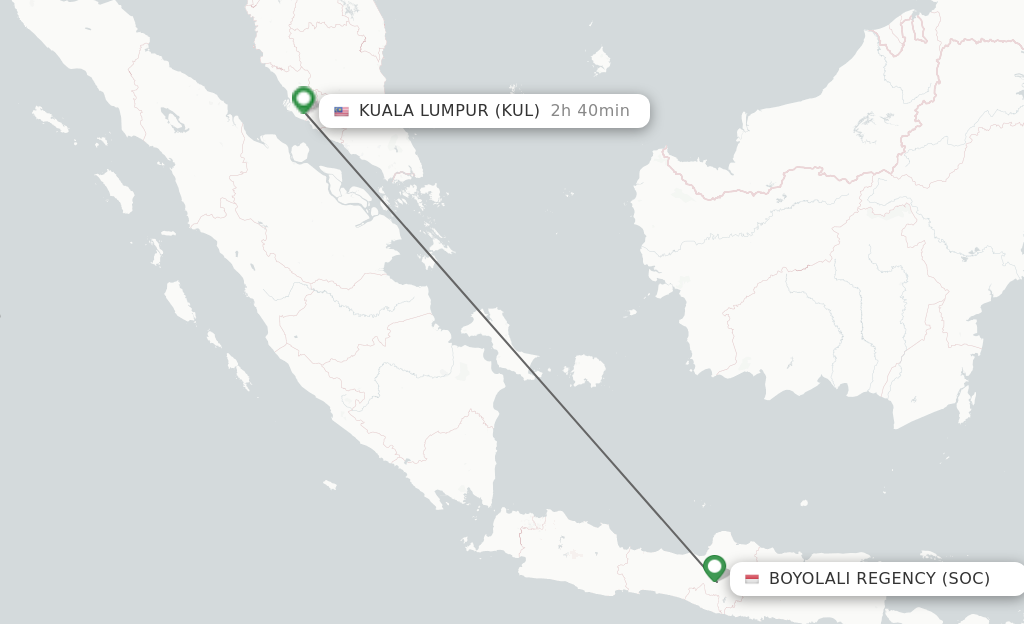 Flights from Surakarta to Kuala Lumpur route map