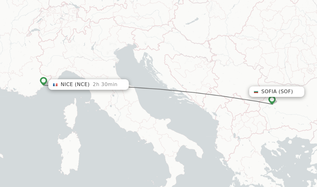 Flights from Sofia to Nice route map