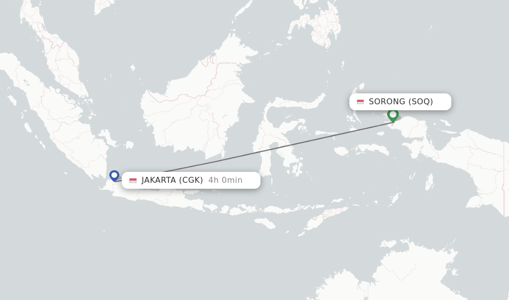 Flights from Sorong to Jakarta route map