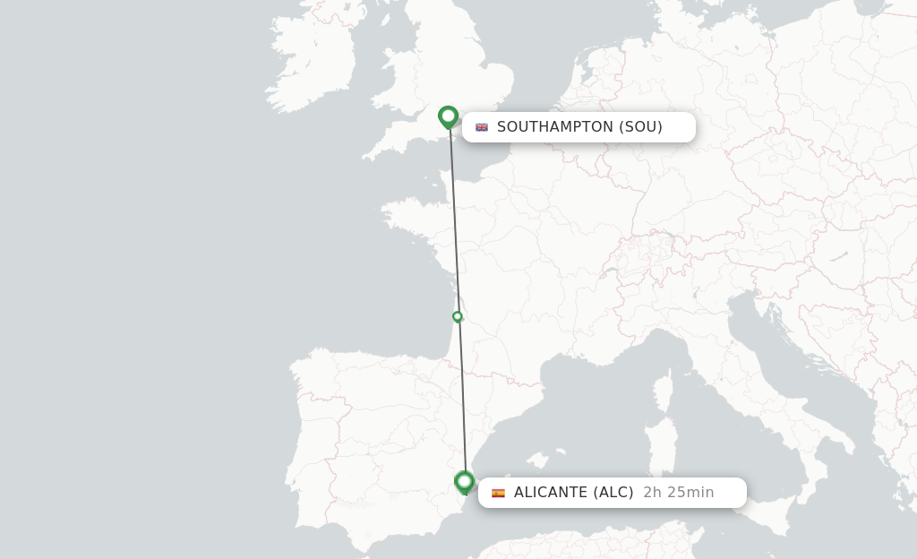 Flights from Southampton to Alicante route map