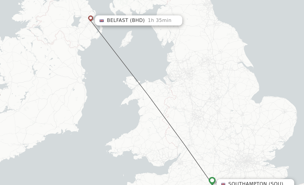 Flights from Southampton to Belfast route map
