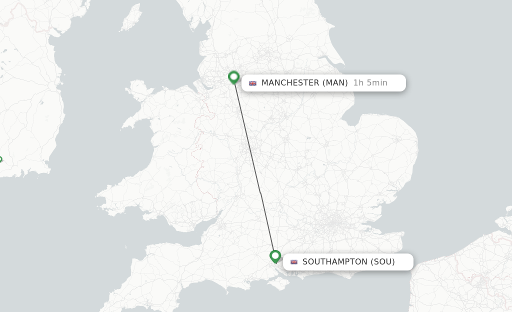 Flights from Southampton to Manchester route map