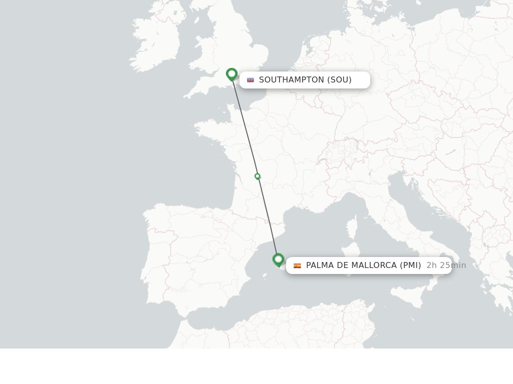 Flights from Southampton to Palma de Mallorca route map
