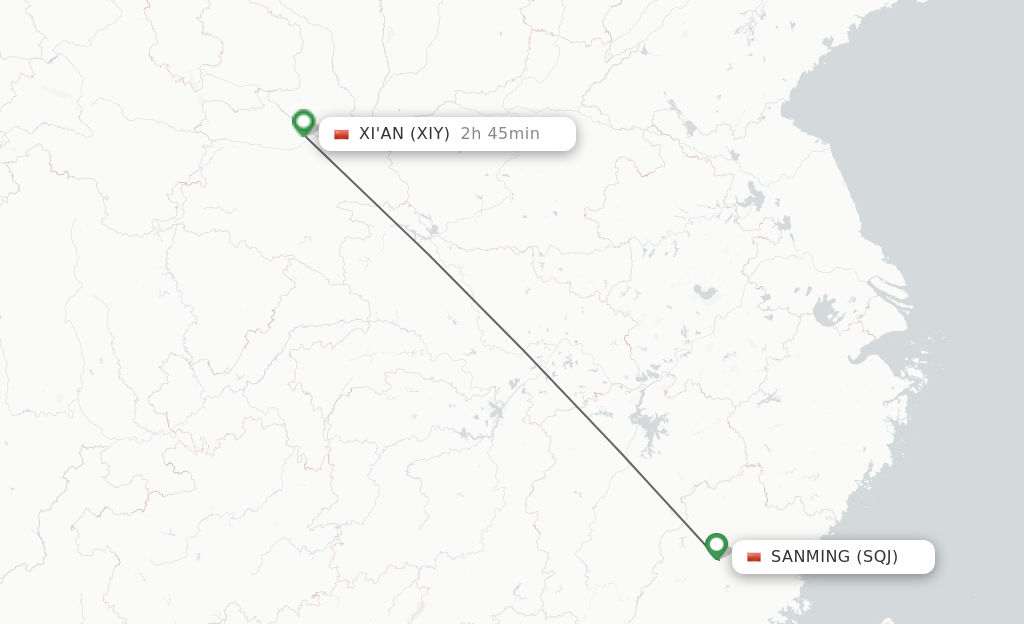 Flights from Sanming to Xian route map