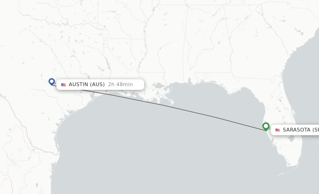 Flights from Sarasota to Austin route map