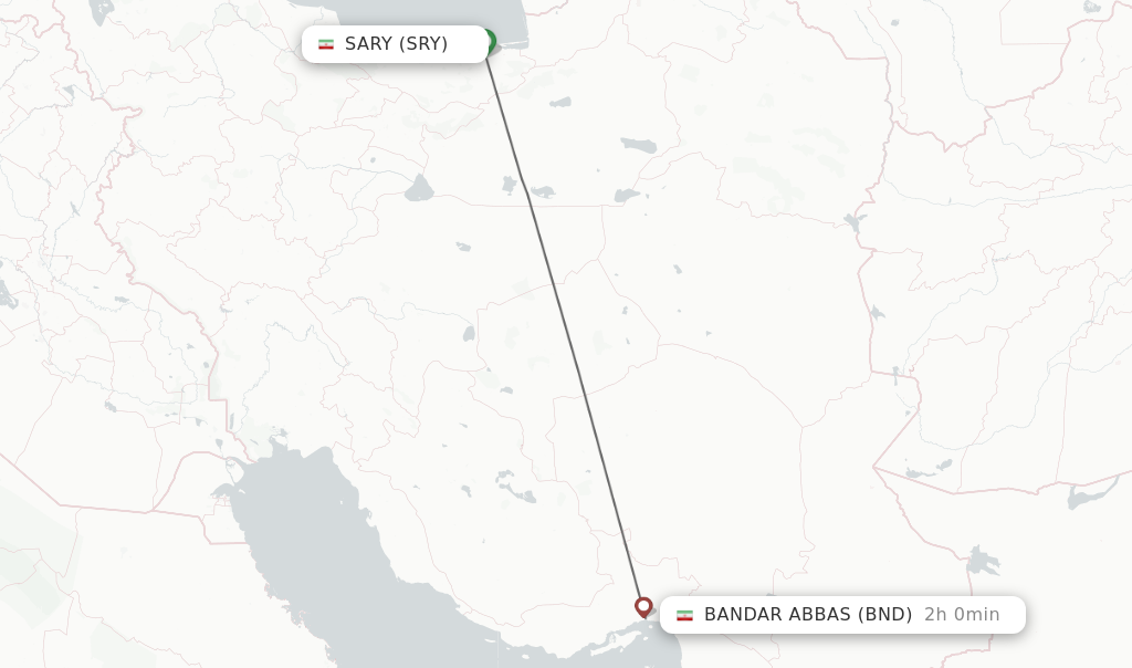 Flights from Sary to Bandar Abbas route map