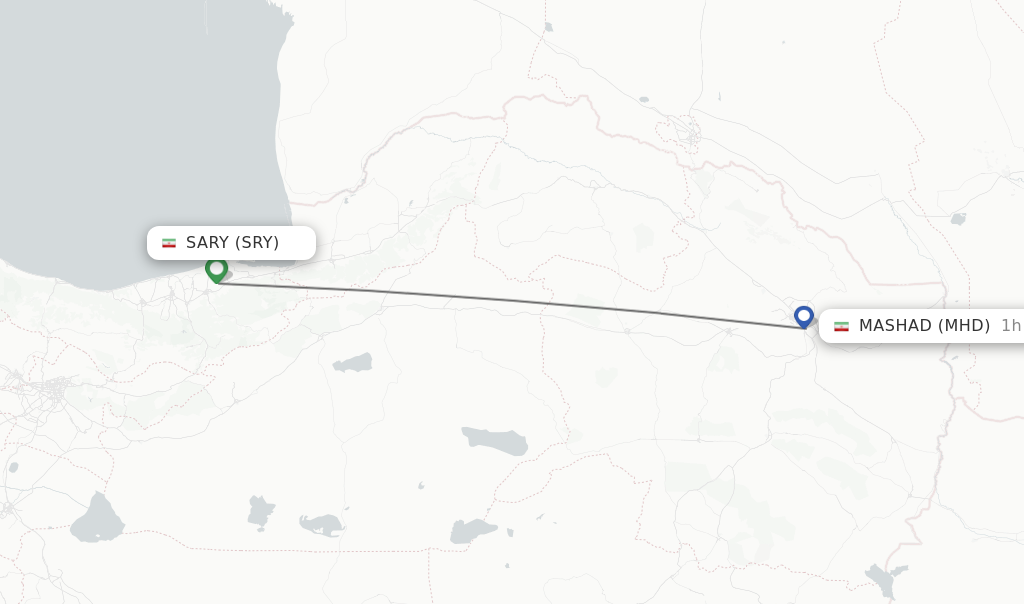 Flights from Sary to Mashad route map