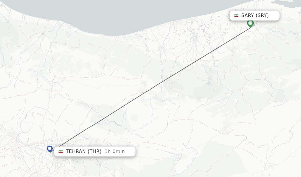 Flights from Sary to Tehran route map