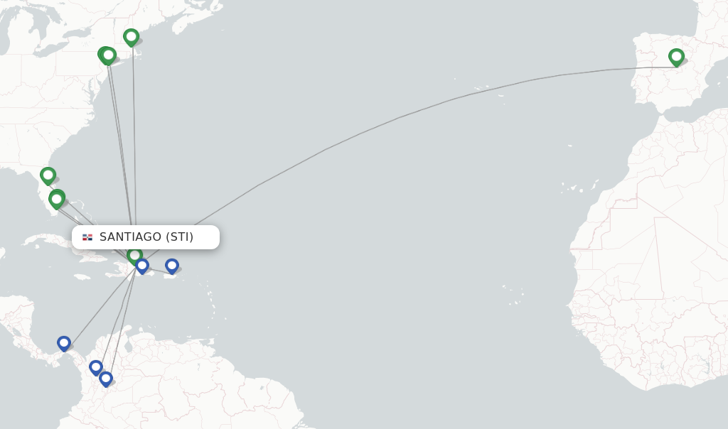 Flights from Santiago to Madrid route map